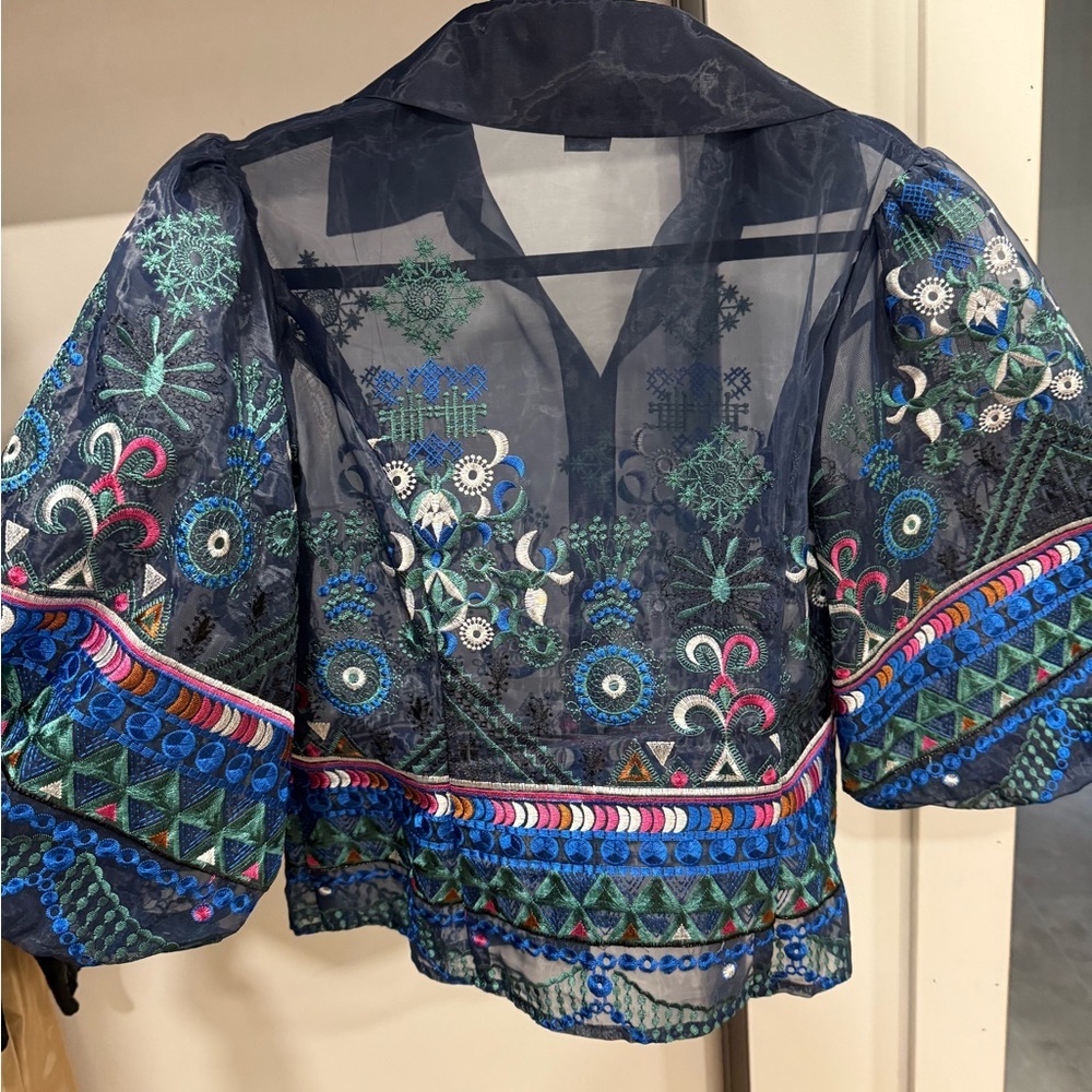 Gracia Navy Sheer Embroidered Blouse - Picture 3 of 4